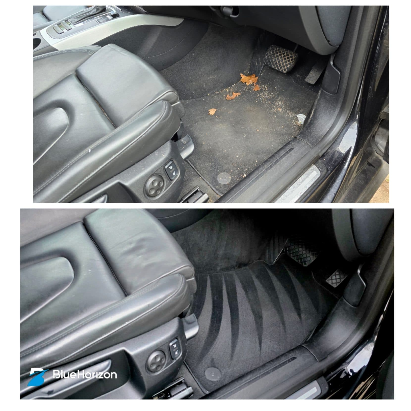 Vehicle footwell fully cleaned and decontaminated after Blue Horizon deep clean — Warwickshire interior detailing