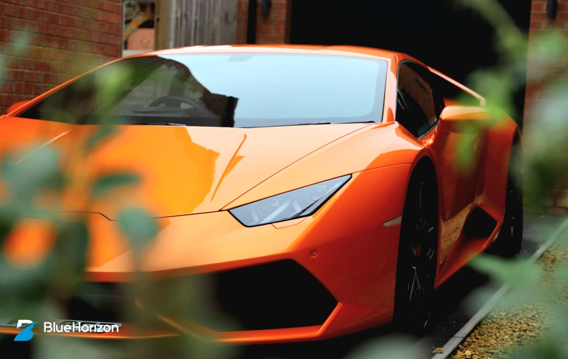 Orange Lamborghini Huracan through garden foliage showing deep gloss paint finish after Blue Horizon detail