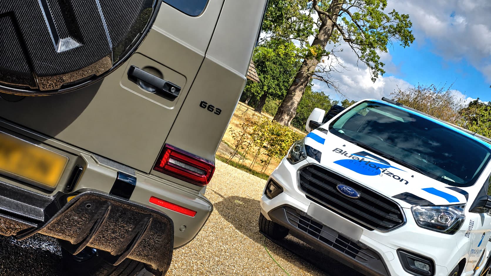 Mercedes-AMG G63 with carbon rear diffuser alongside the Blue Horizon Detailing van — mobile valeting carried out at the owner's home in Warwickshire
