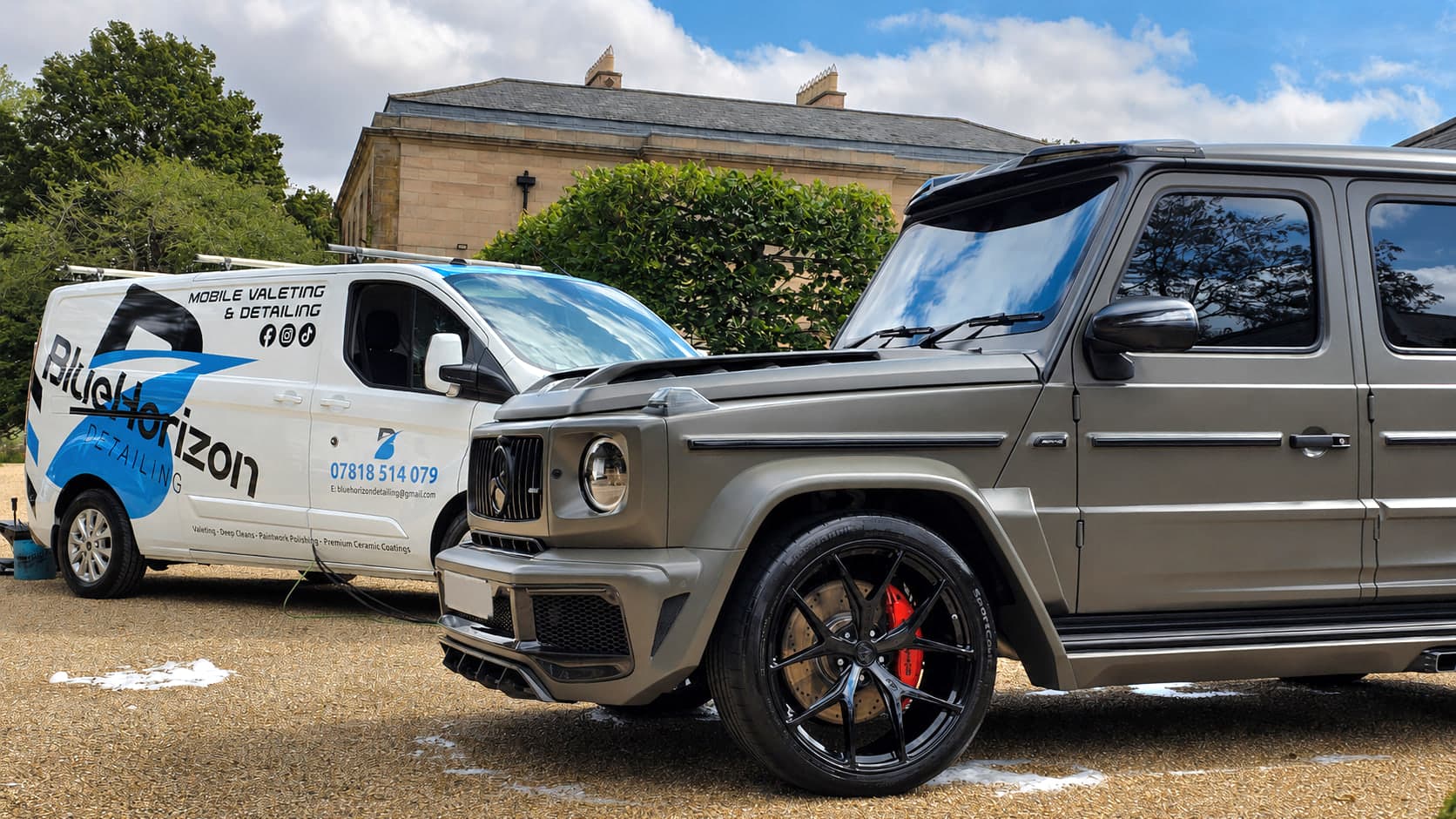 Blue Horizon Detailing branded van beside a satin Mercedes-AMG G63 being washed on a country estate driveway in Warwickshire — fully mobile collection care