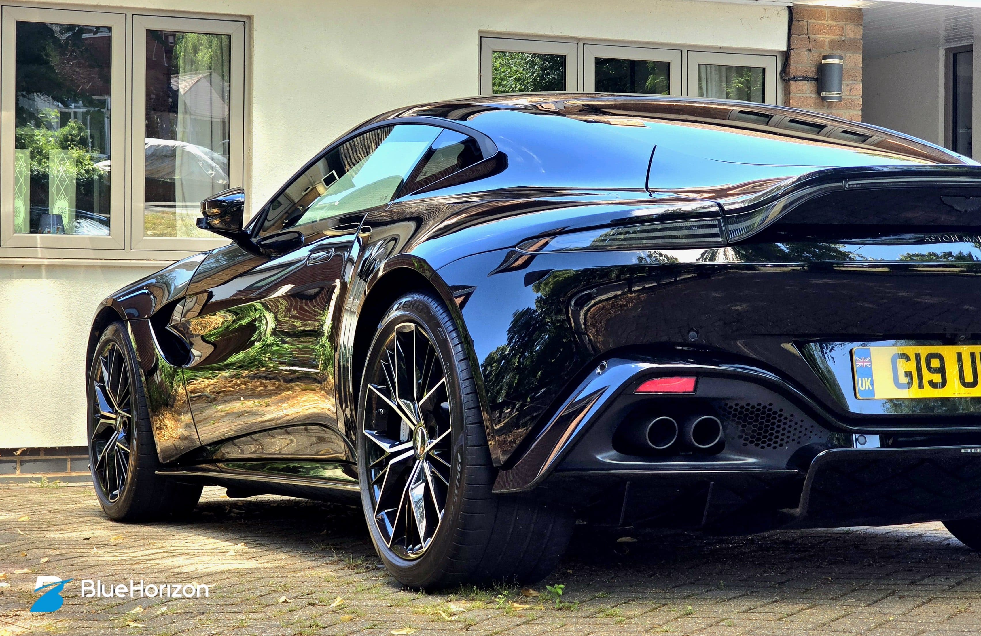 Aston Martin Vantage showing deep black gloss after paint correction by Blue Horizon Detailing, Warwickshire