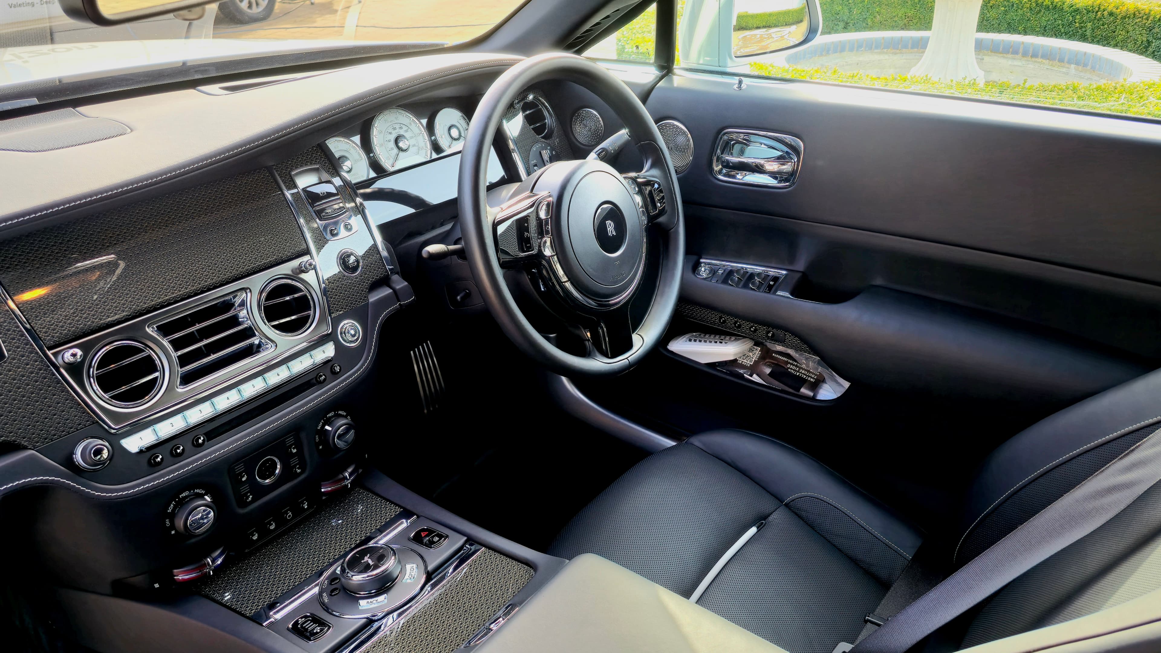 Rolls-Royce Ghost interior cockpit showing pristine dashboard and steering wheel after Blue Horizon deep clean, Warwickshire