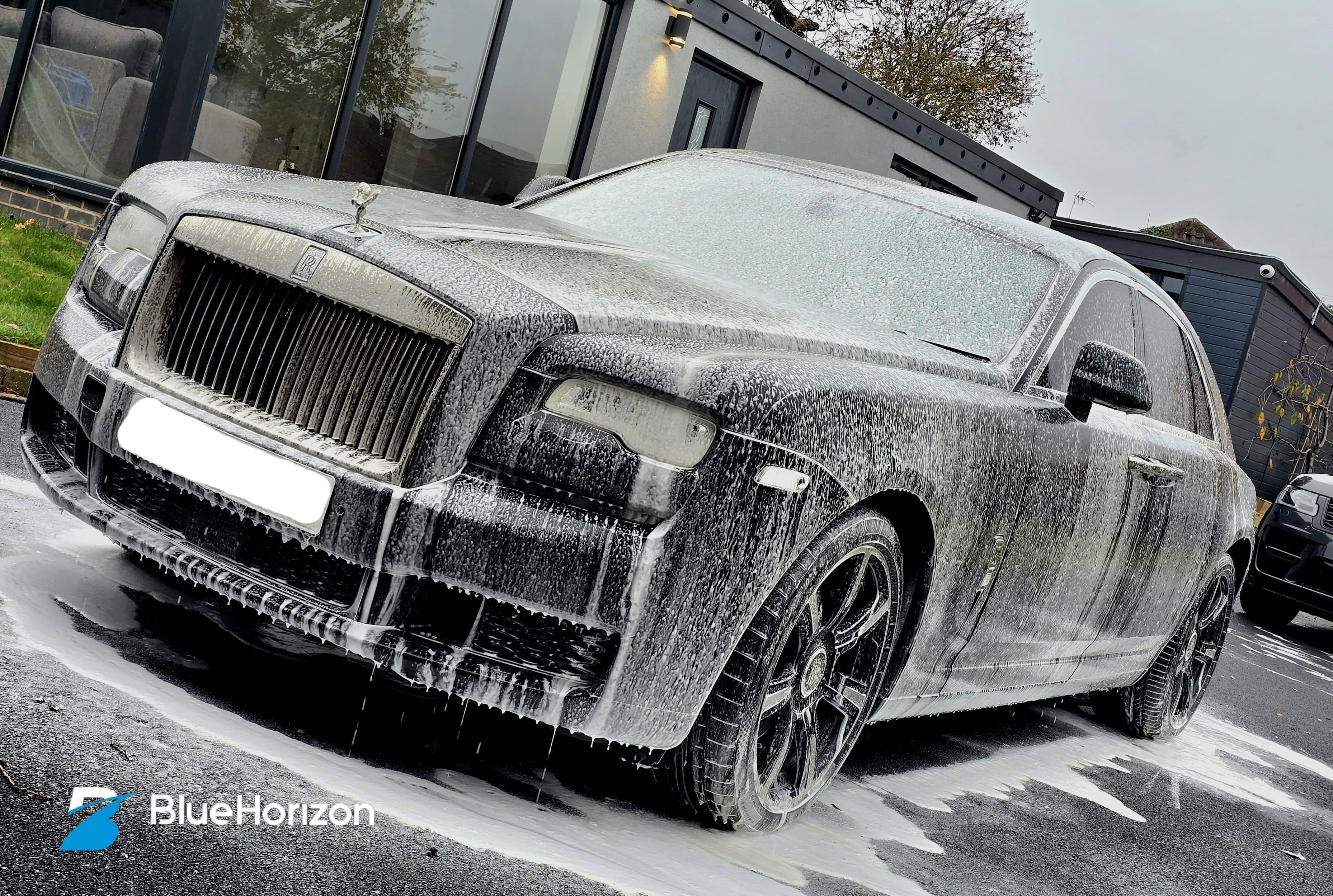 Rolls-Royce covered in snow foam during premium pre-wash treatment by Blue Horizon Detailing, Warwickshire