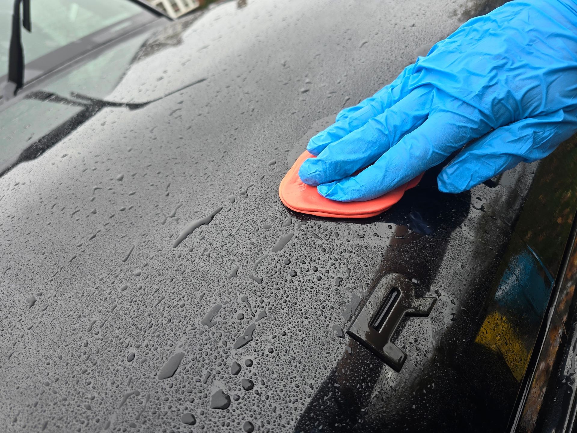 Close-up of a person wearing blue gloves, polishing a wet car surface with an orange cloth.