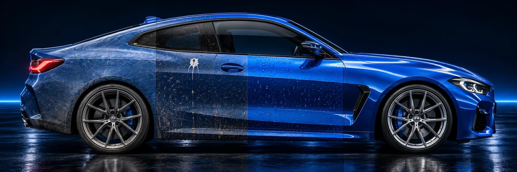 Illustrated blue coupe divided into four zones: paint swirls, road contamination, water beading, and a glossy corrected and protected finish