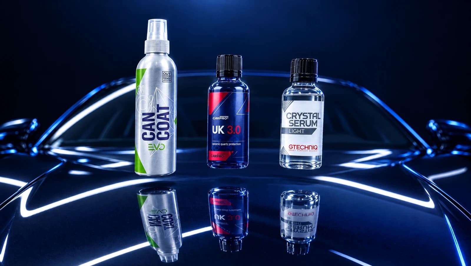 Gyeon CanCoat EVO, CarPro CQuartz and Gtechniq Crystal Serum Light — coating range visualisation