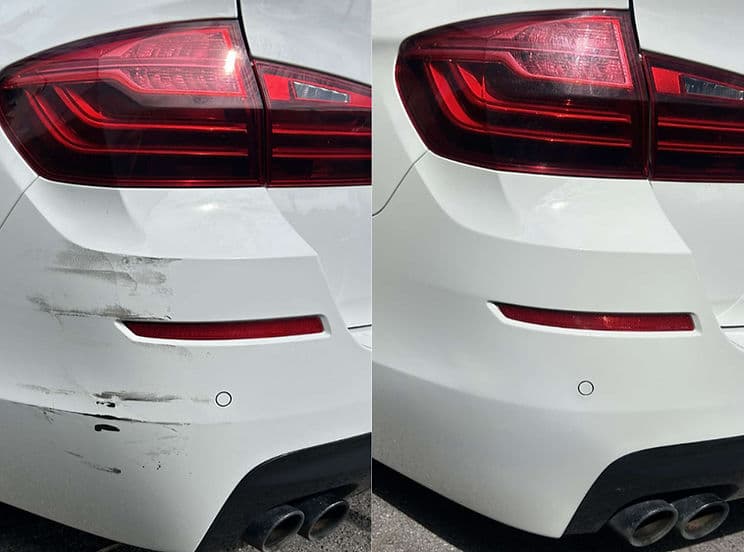 BMW rear bumper — before showing heavy scuff and scratch damage, after showing seamless SMART repair restored to factory finish by Blue Horizon Detailing, Warwickshire
