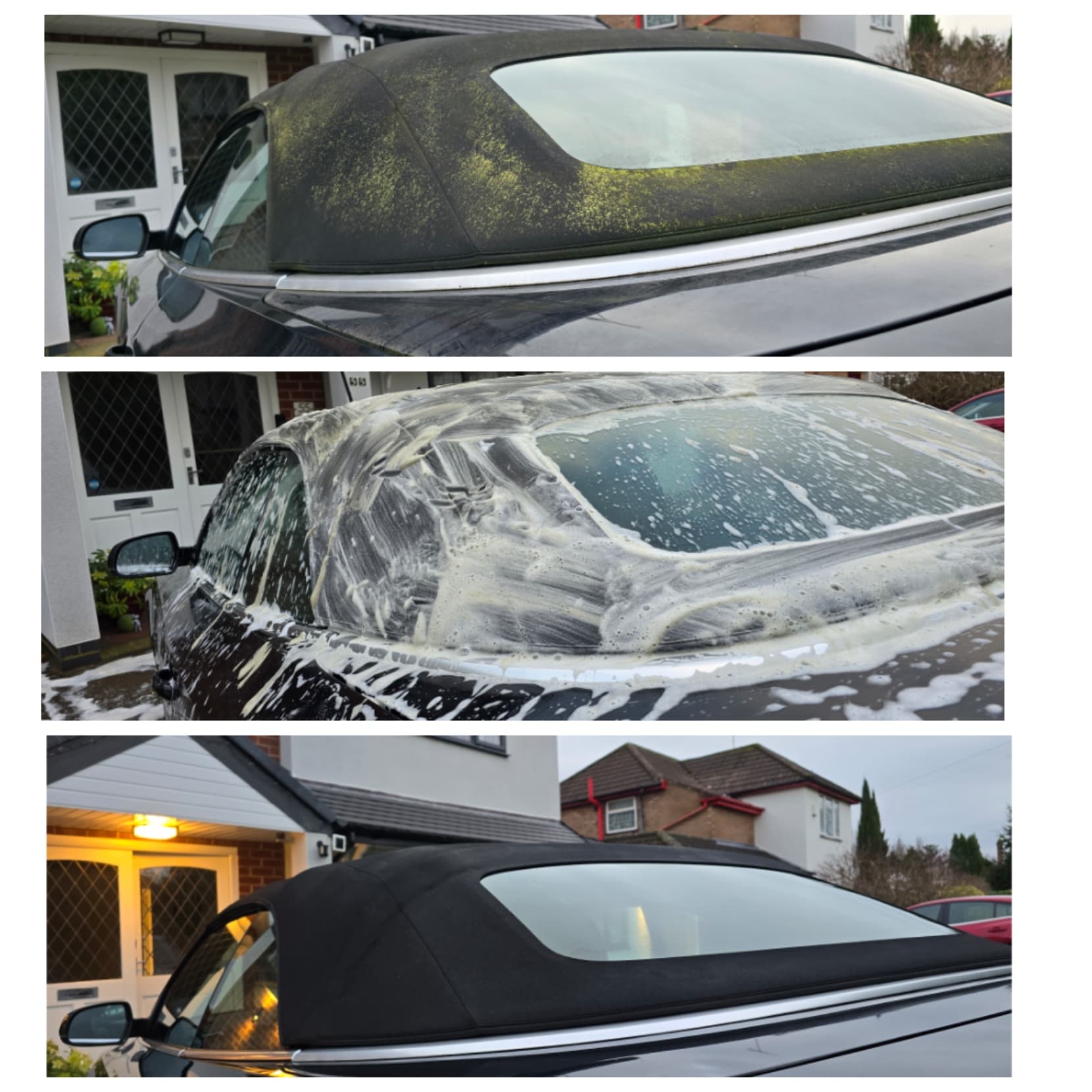 Convertible fabric hood being cleaned by Blue Horizon Detailing