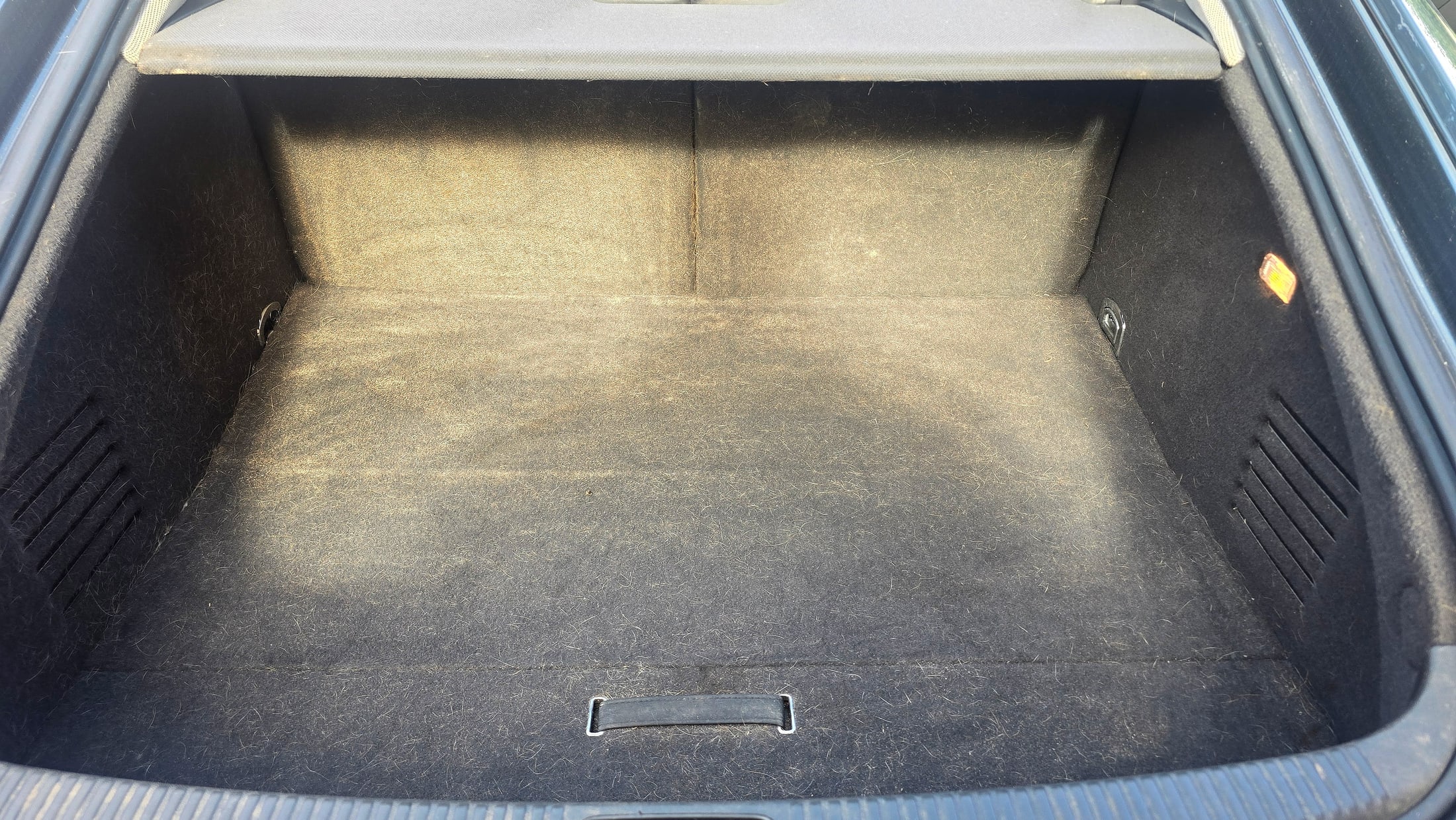 Audi TT boot carpet covered in pet hair before cleaning