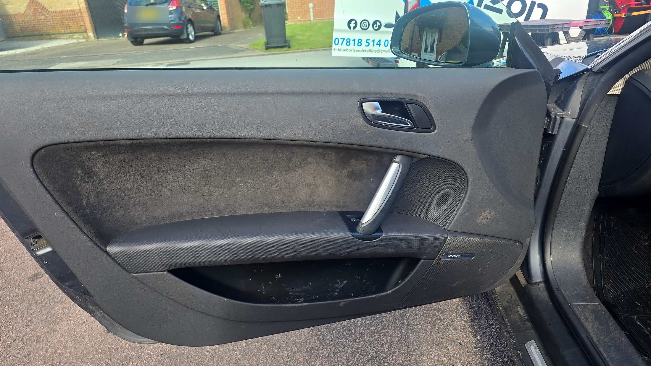 Dirty Audi TT door card before interior deep clean